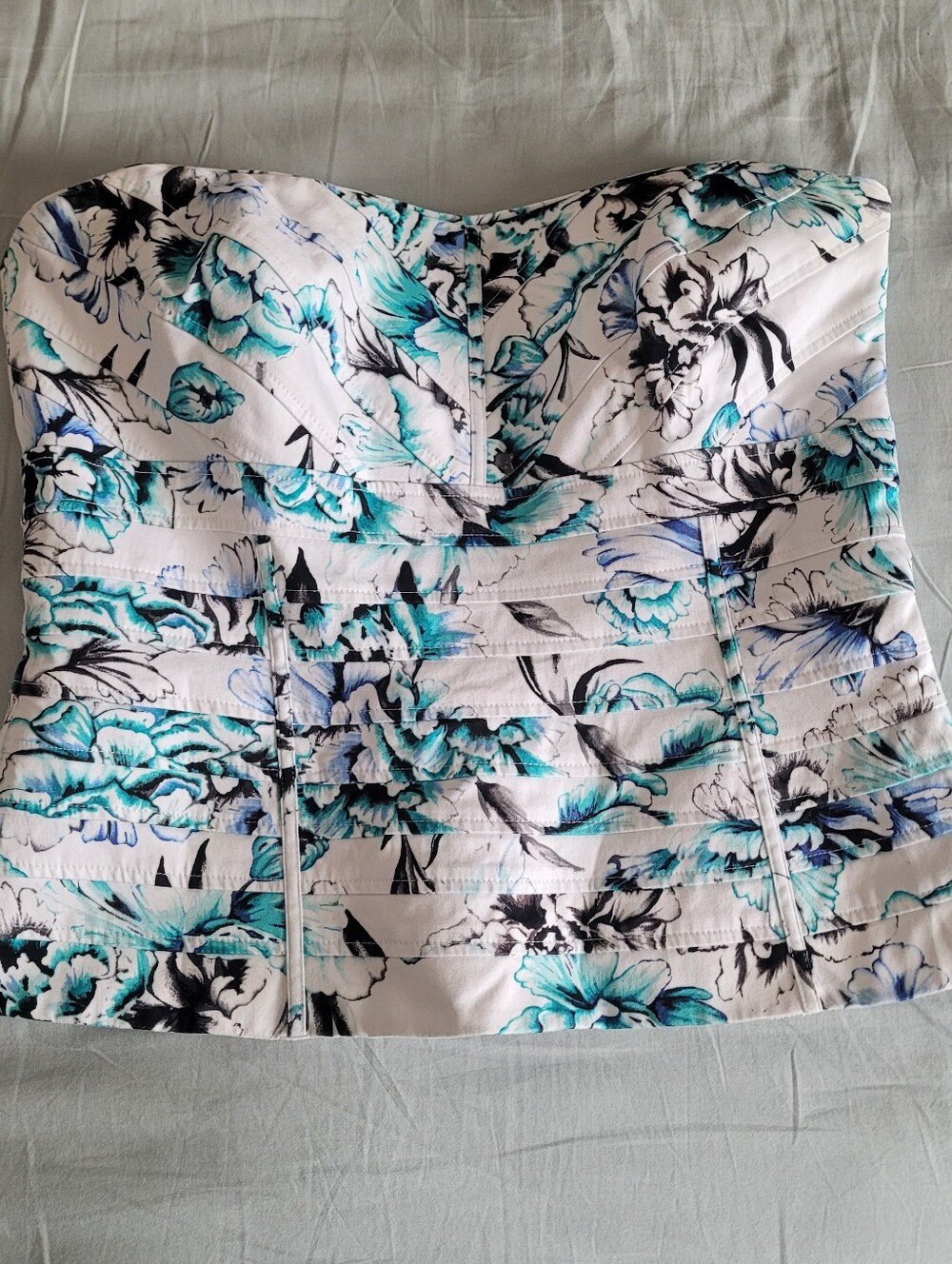 White House Black Market Teal and Black Floral Strapless Bustier
